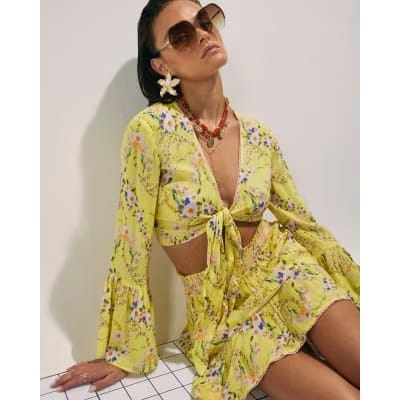 Yellow Floral Print Tie Top And Skirt Set
