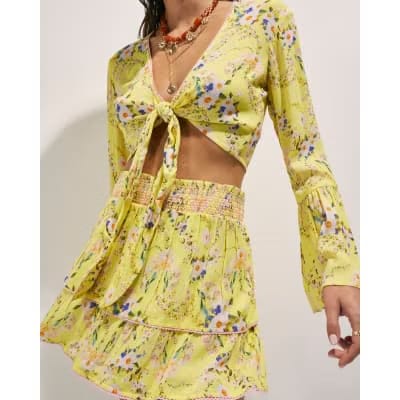 Yellow Floral Print Tie Top And Skirt Set