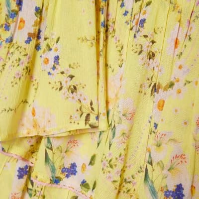 Yellow Floral Print Tie Top And Skirt Set