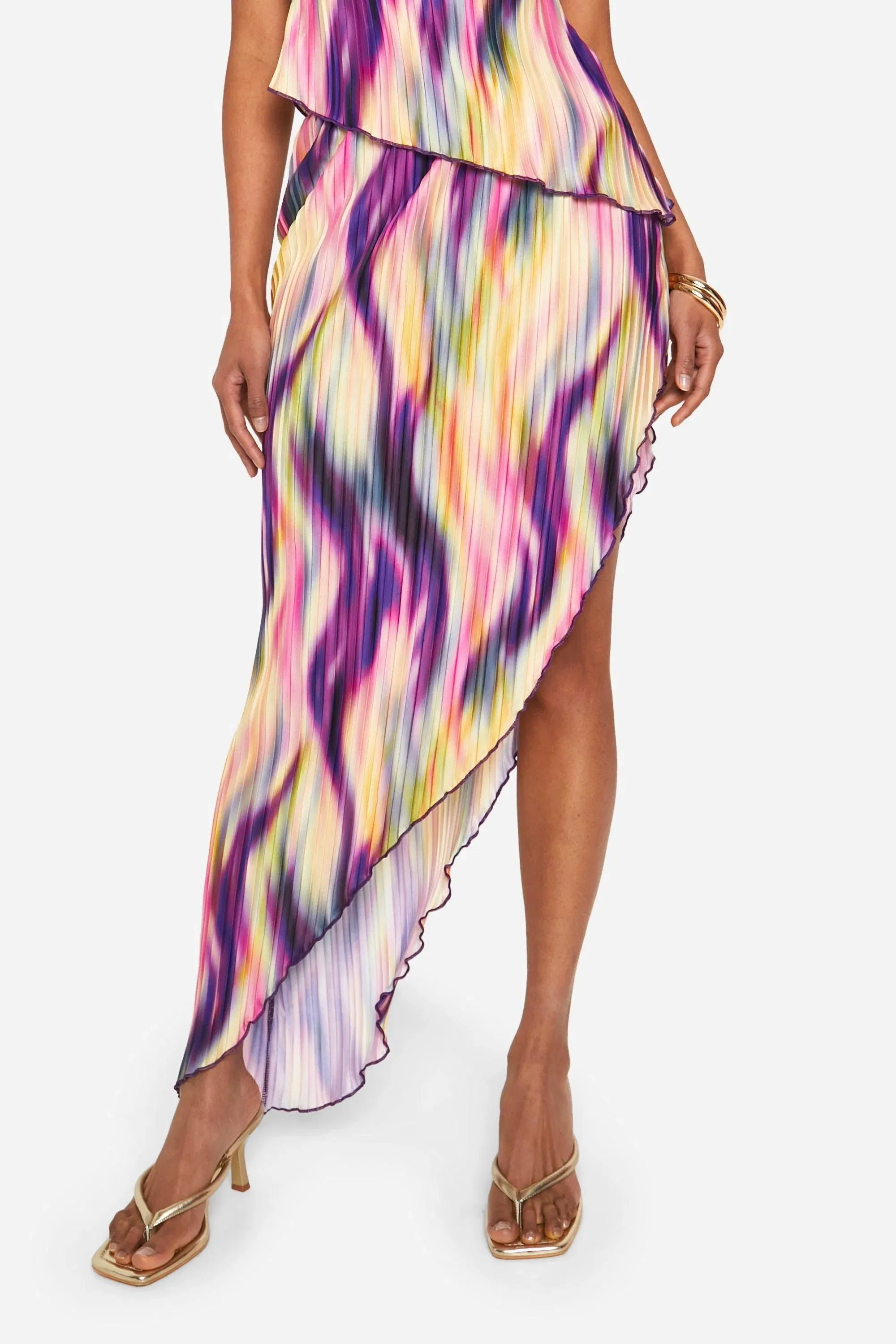 Tie Dye Plisse Asymmetric Maxi Skirt