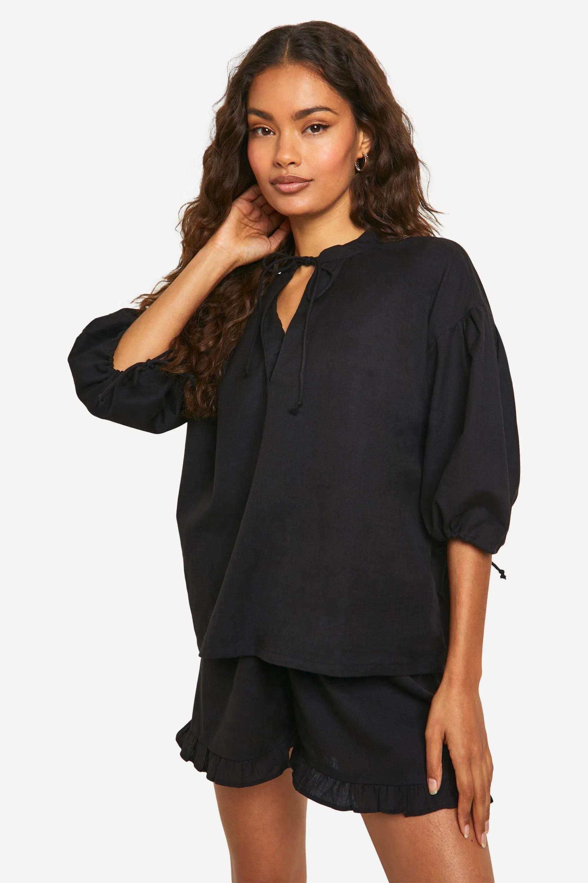 Tie Neck Detail Puff Sleeve Top