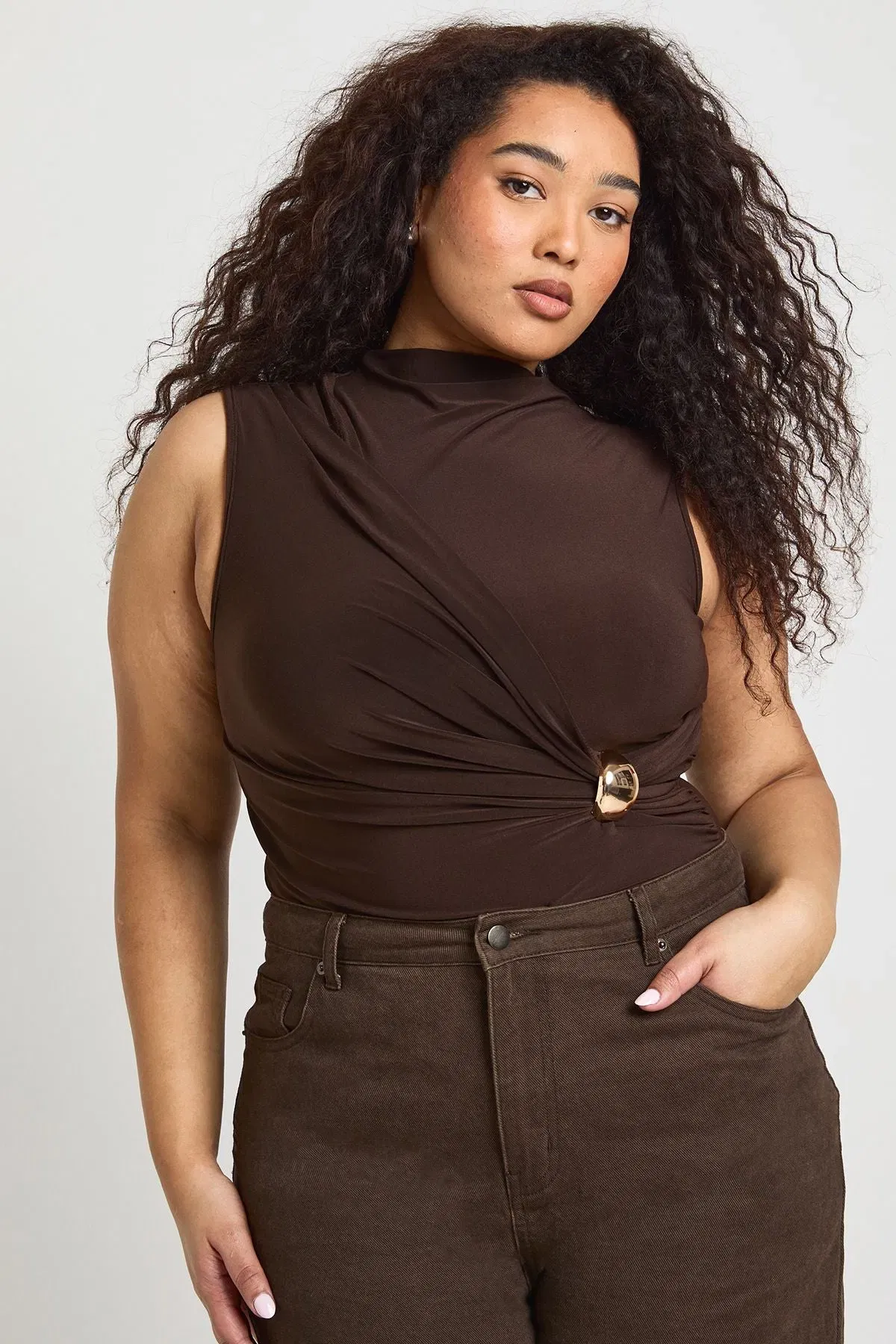 Plus Ruched Drape Gold Trim Sleeveless Bodysuit