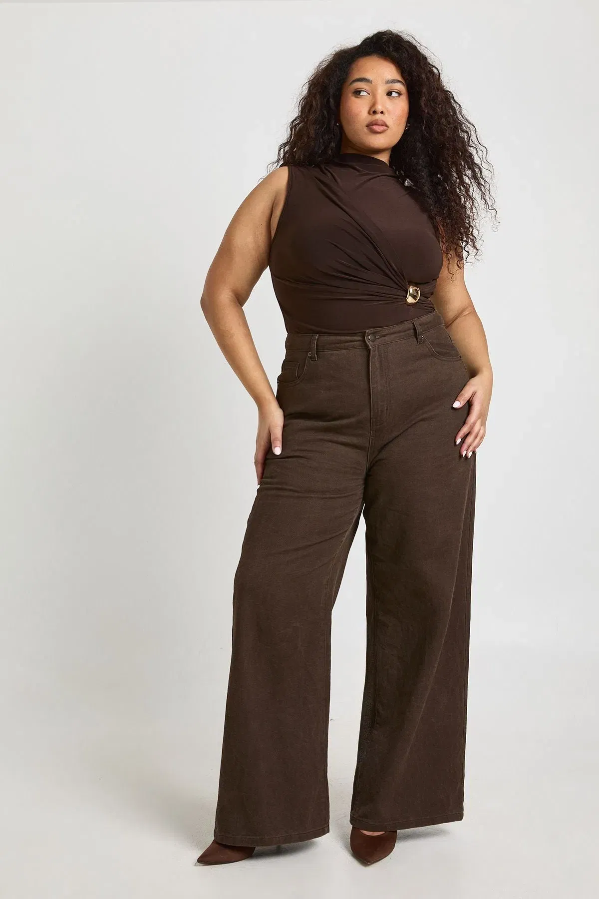 Plus Ruched Drape Gold Trim Sleeveless Bodysuit