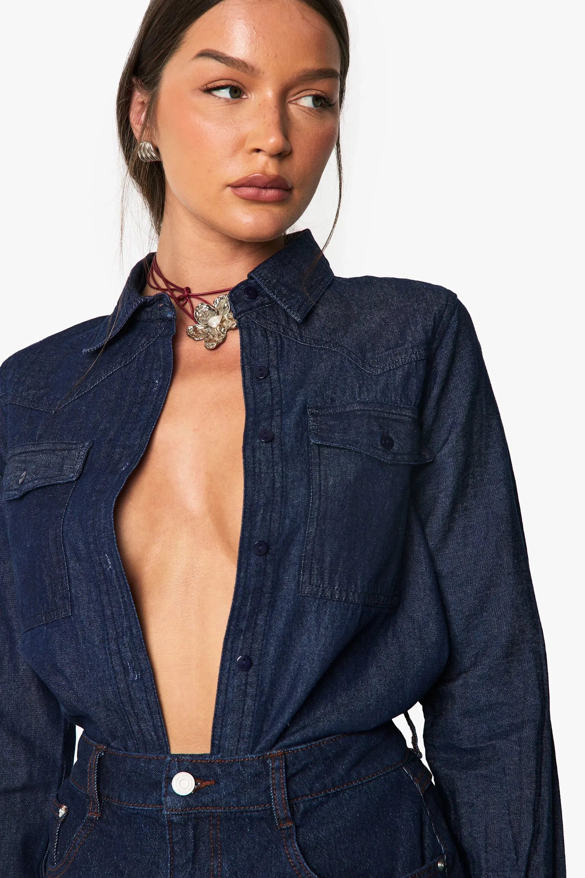 Chambray Denim Long Sleeve Western Shirt
