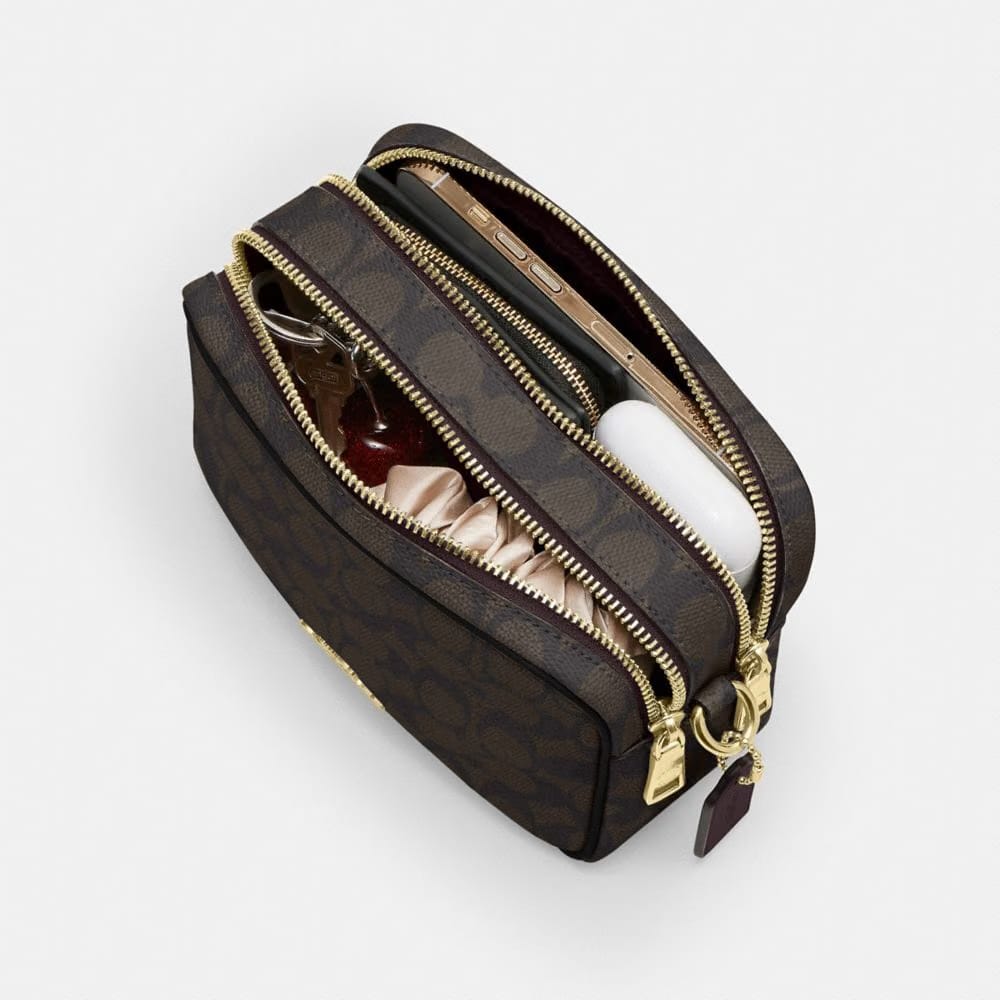 Coach Mini Carey Crossbody Bag In Signature Canvas Gold Walnut Black
