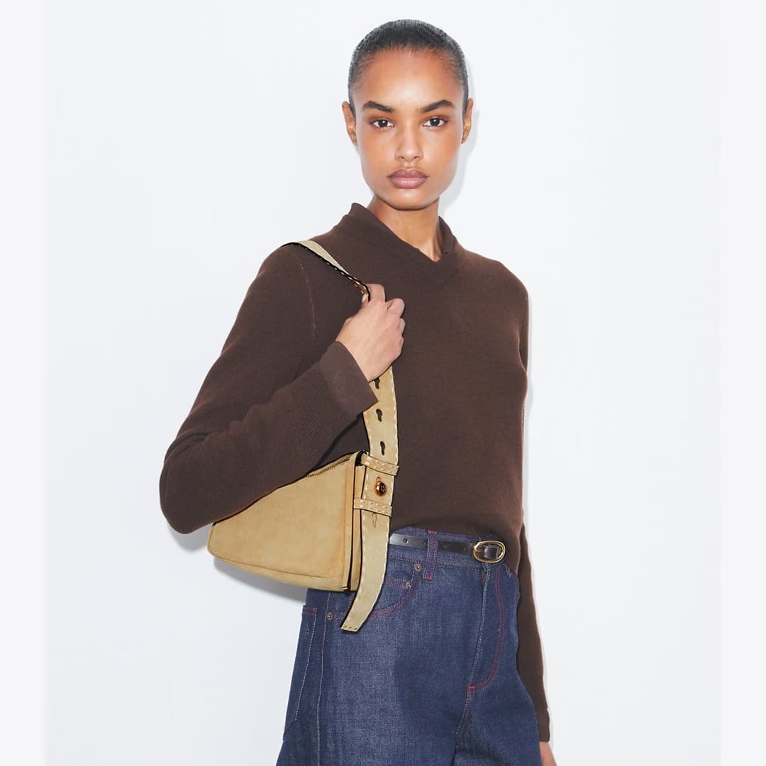 Tory Burch Small Romy Suede Pick Stitch Shoulder Bag Butter