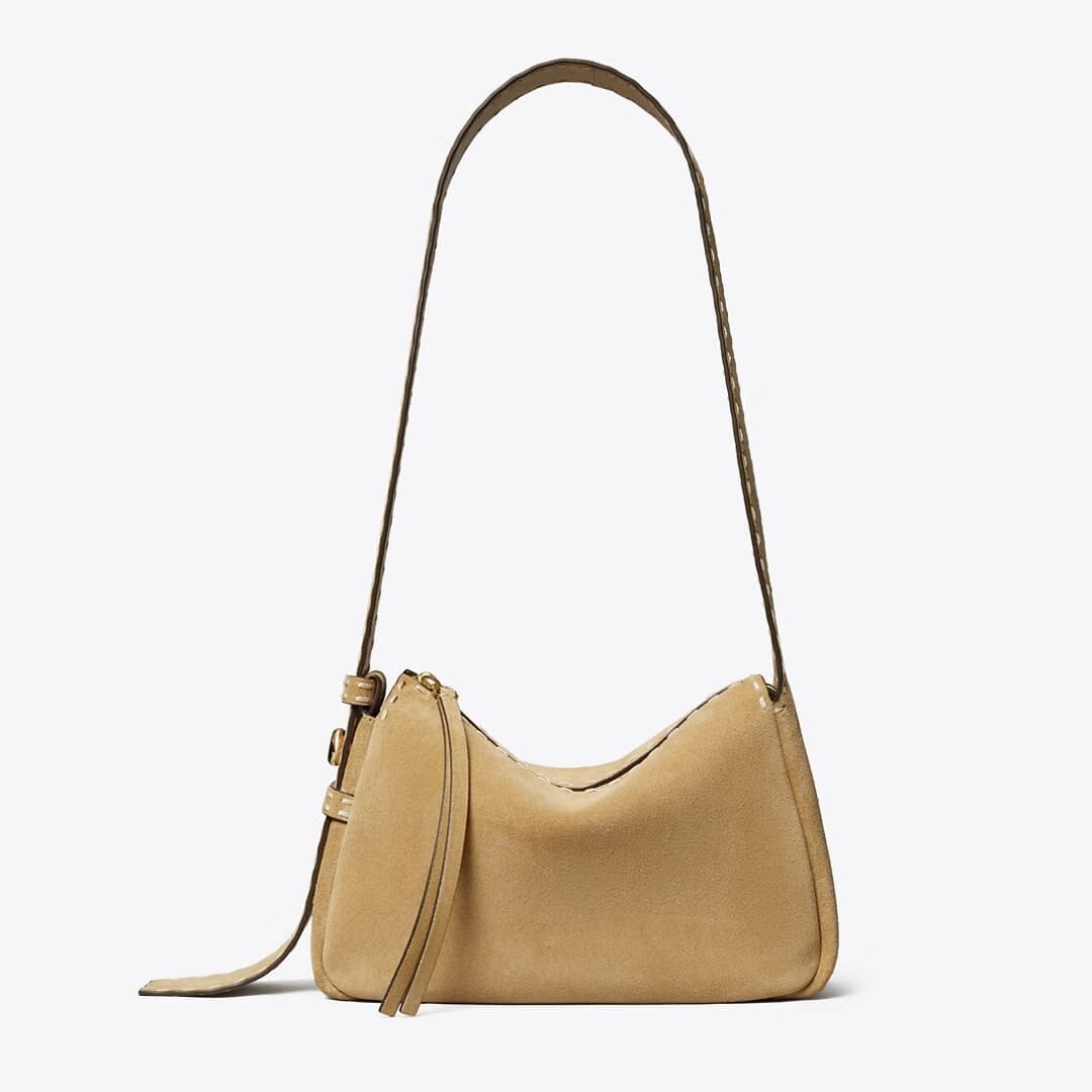Tory Burch Small Romy Suede Pick Stitch Shoulder Bag Butter