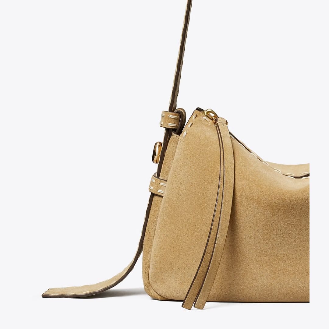 Tory Burch Small Romy Suede Pick Stitch Shoulder Bag Butter
