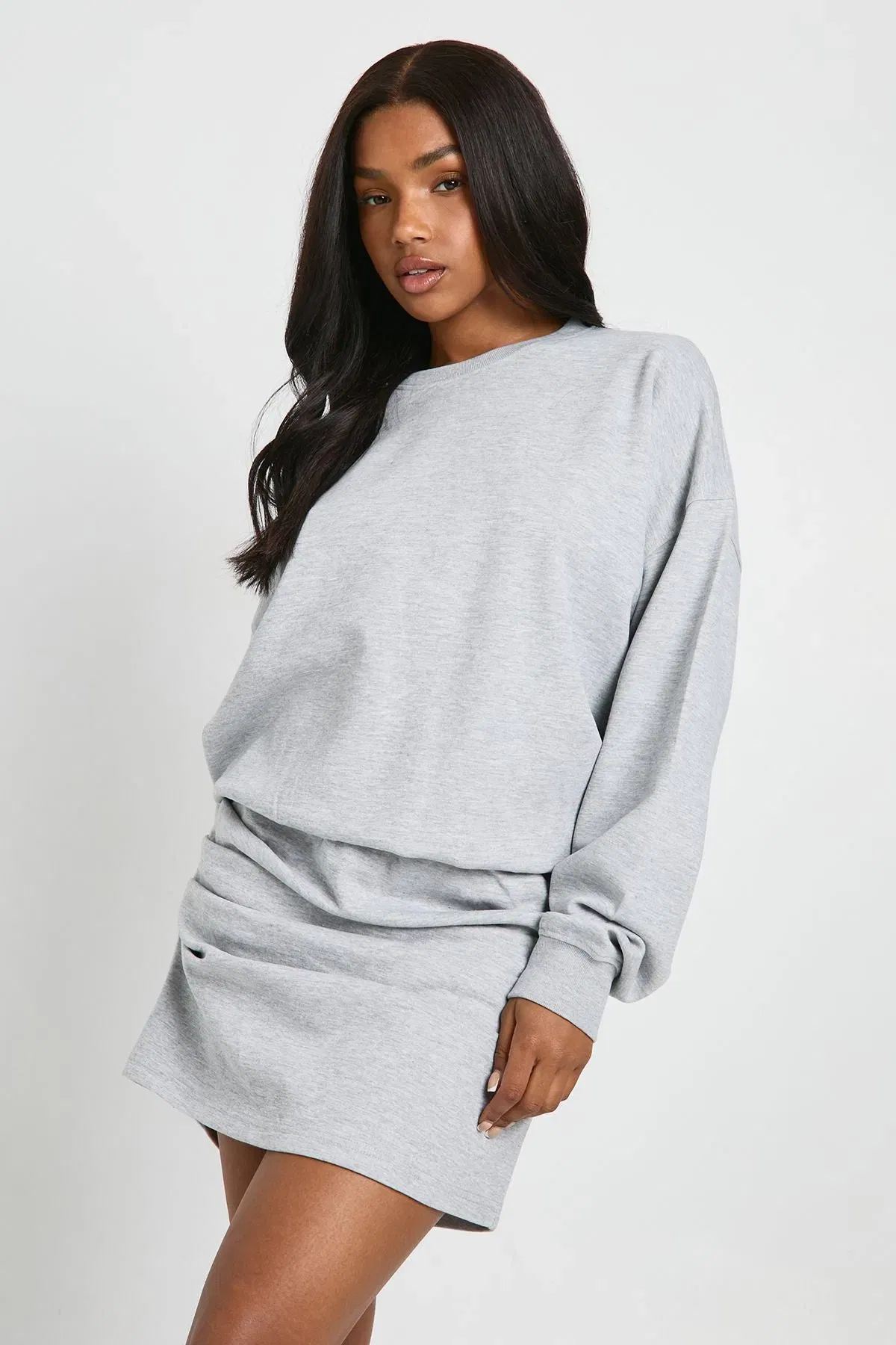 Ruched Waist Long Sleeve Sweat Dress