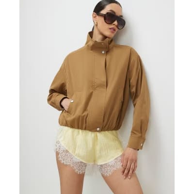 Beige Funnel Neck Bubble Hem Bomber Jacket