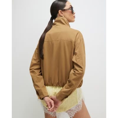 Beige Funnel Neck Bubble Hem Bomber Jacket