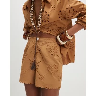 Brown Poplin Broderie Shorts