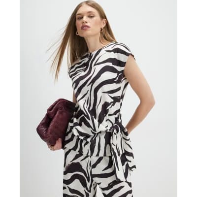 White Zebra Print Tie Side Top