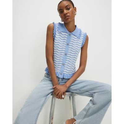 Blue Striped Knit Collared Tank Top