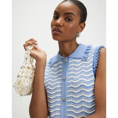 Blue Striped Knit Collared Tank Top