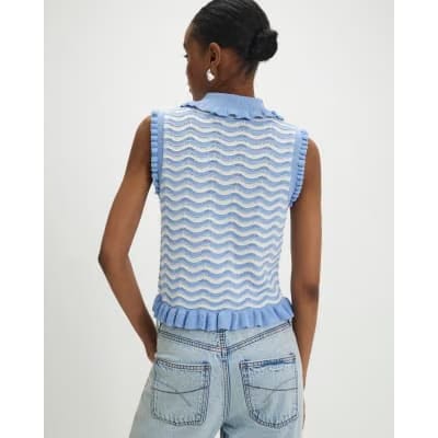 Blue Striped Knit Collared Tank Top