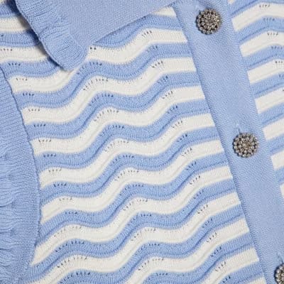 Blue Striped Knit Collared Tank Top