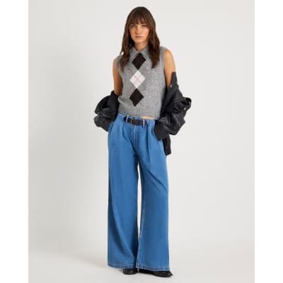 Blue Belted Wide Leg Pleated Jeans