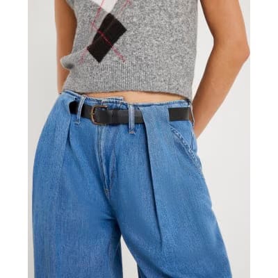 Blue Belted Wide Leg Pleated Jeans
