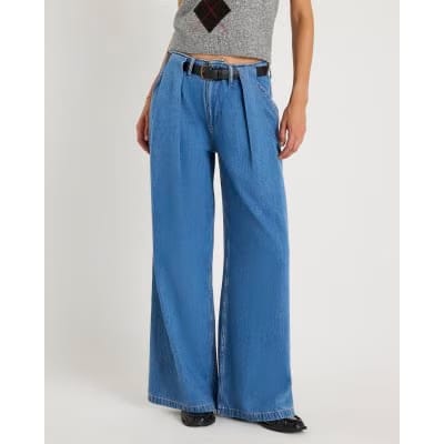 Blue Belted Wide Leg Pleated Jeans