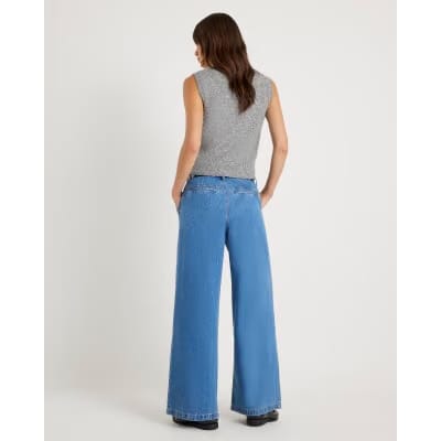Blue Belted Wide Leg Pleated Jeans