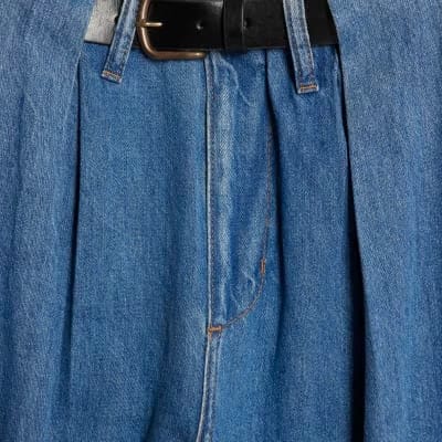Blue Belted Wide Leg Pleated Jeans