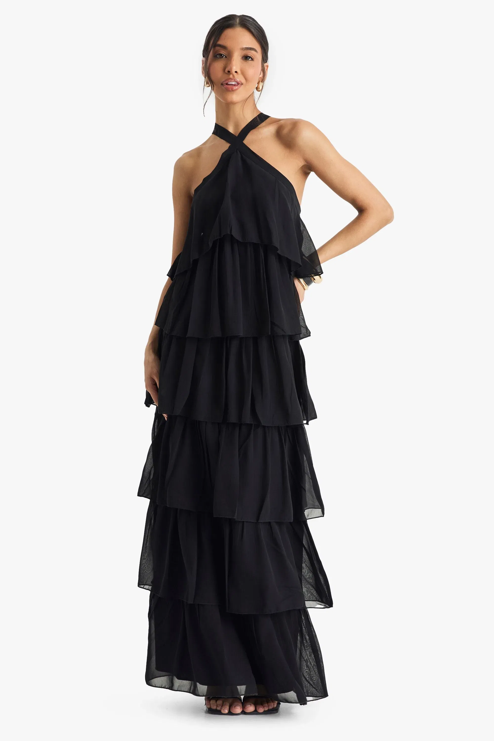 Chiffon Tiered Halterneck Maxi Dress