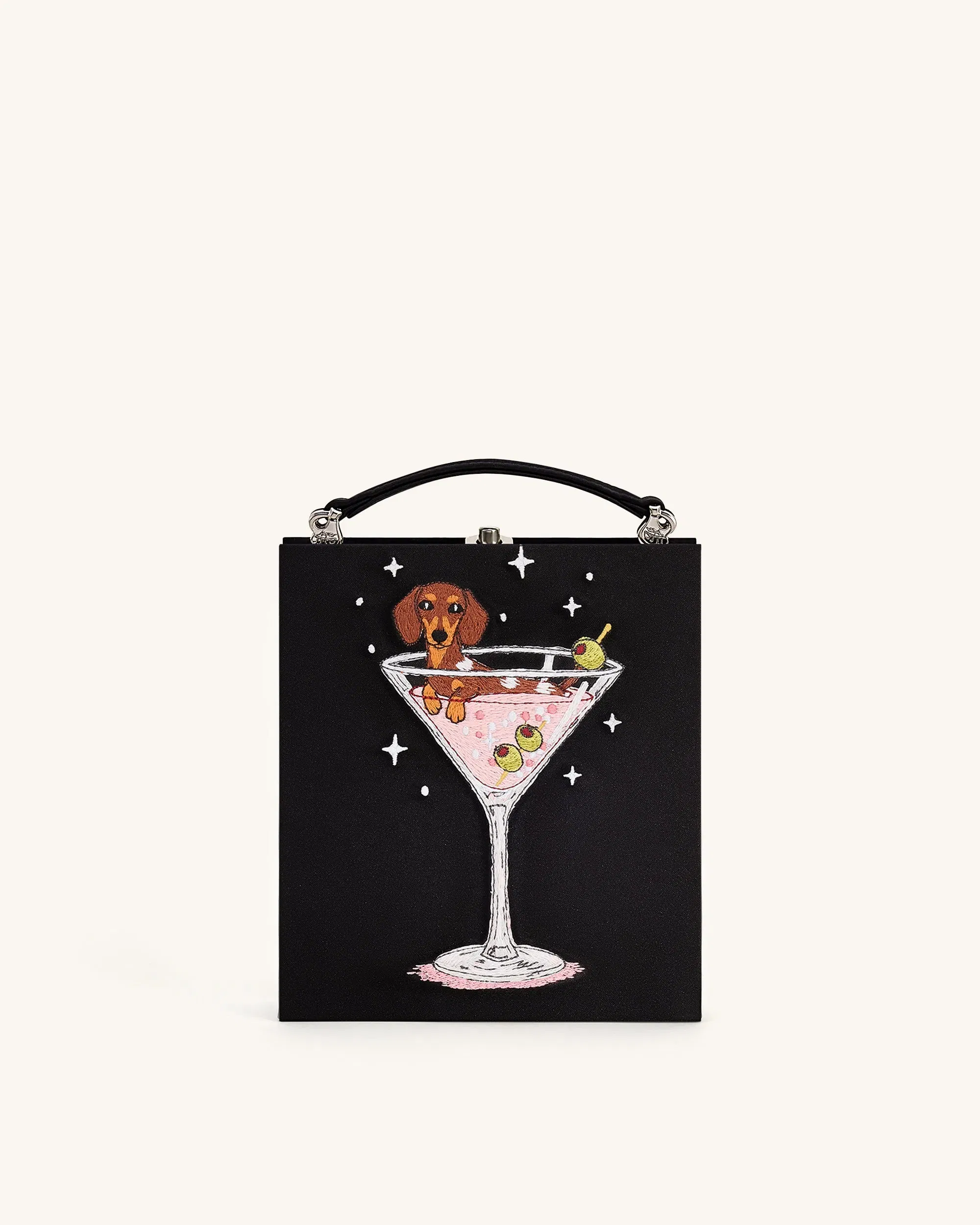 Taya Wine Glass Puppy Pattern Book Shape Clutch Bag - Black
