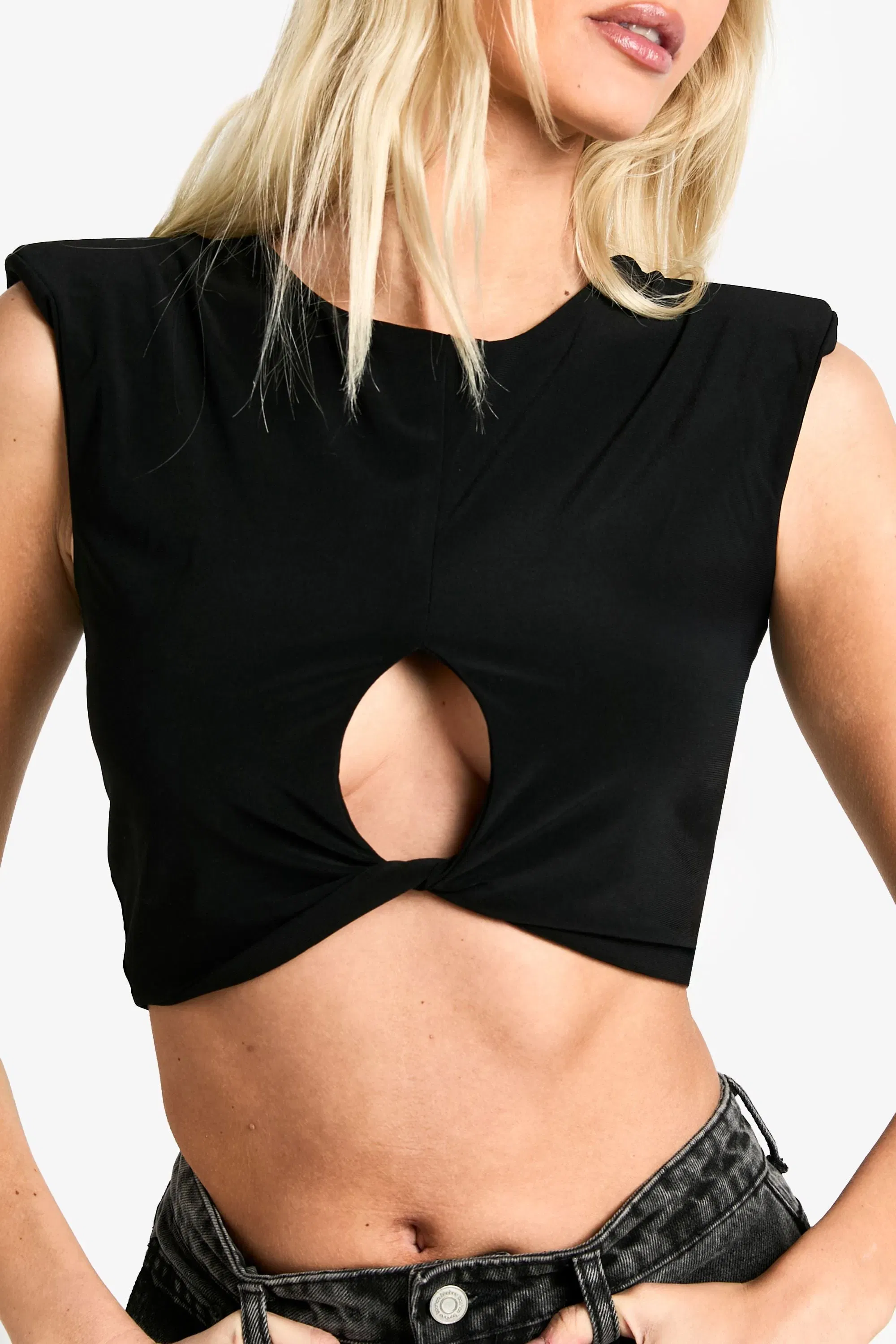 Double Layer Slinky Knot Front Shoulder Pad Top