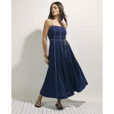 Navy Piped Rope Belt Midi Dress