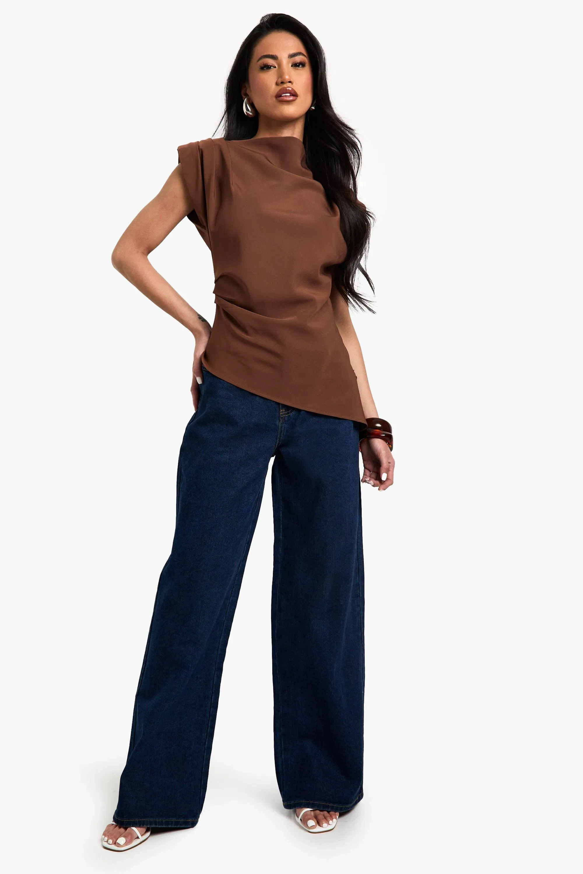 Gathered Shoulder Pad Asymmetric Blouse