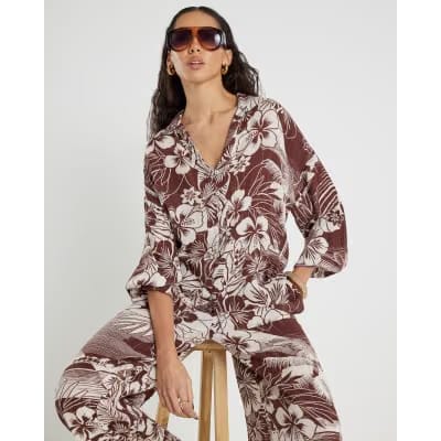 Brown Tropical Print Beach Shirt
