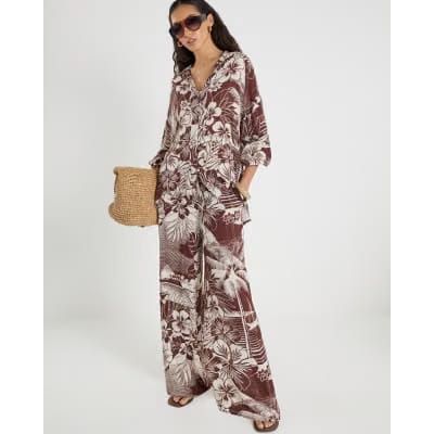 Brown Tropical Print Beach Shirt