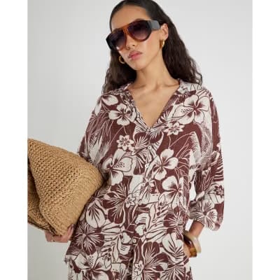Brown Tropical Print Beach Shirt