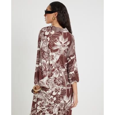 Brown Tropical Print Beach Shirt