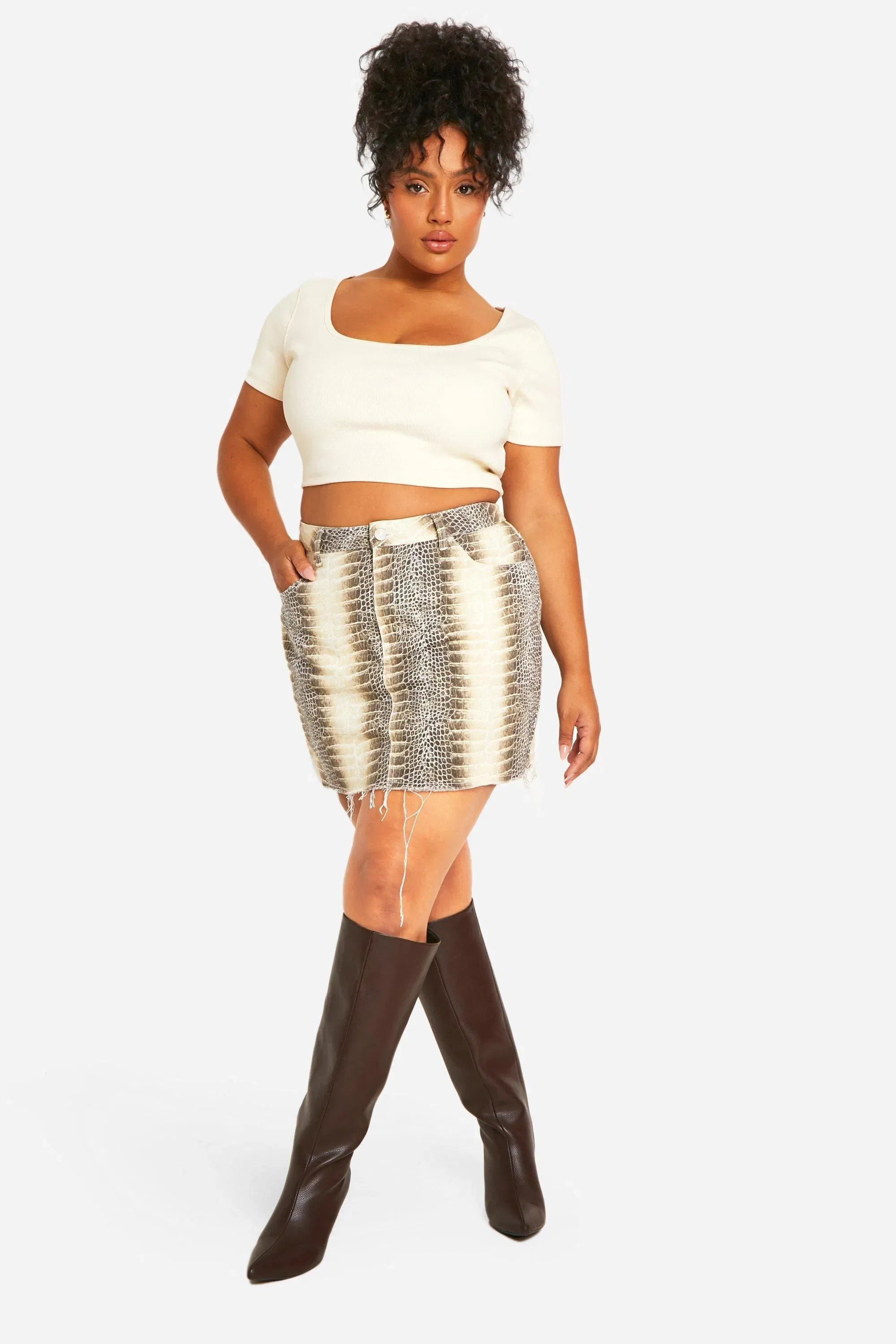 Plus Mock Croc Denim Mini Skirt
