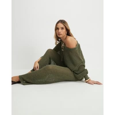 Khaki Open Stitch Knitted Trousers