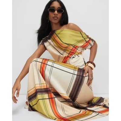 Green Check Off The Shoulder Top
