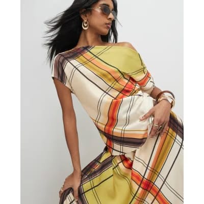 Green Check Off The Shoulder Top