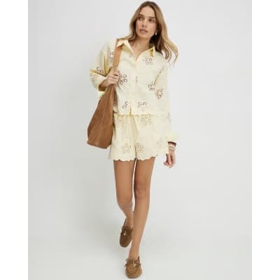 Yellow Embroidered Crochet Shorts