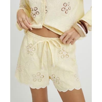 Yellow Embroidered Crochet Shorts