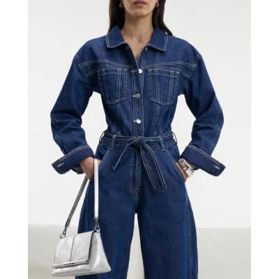 Blue Premium Belted Barrel Leg Denim Jumpsuit