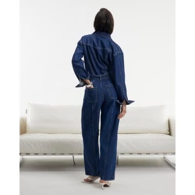 Blue Premium Belted Barrel Leg Denim Jumpsuit