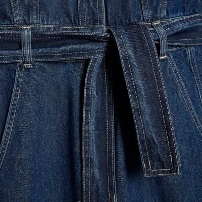 Blue Premium Belted Barrel Leg Denim Jumpsuit