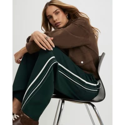 Green Side Stripe Drawstring Wide Leg Joggers