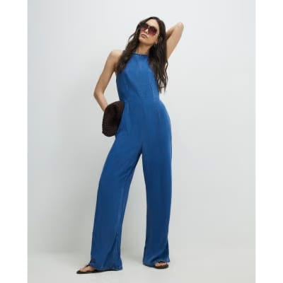 Blue Wide Leg Denim Jumpsuit