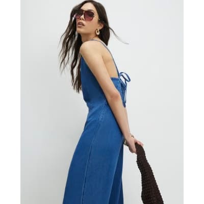 Blue Wide Leg Denim Jumpsuit