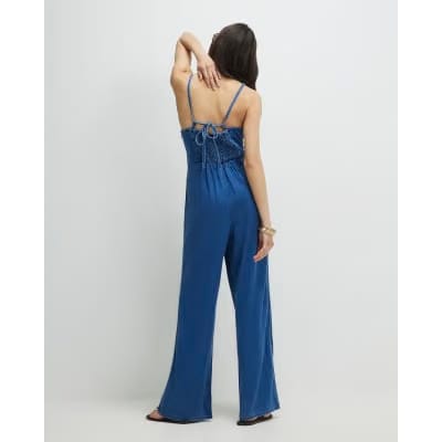Blue Wide Leg Denim Jumpsuit