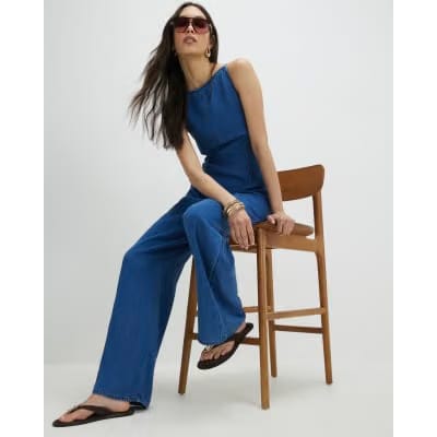 Blue Wide Leg Denim Jumpsuit
