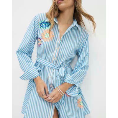 Blue Striped Embroidered Shirt Mini Dress
